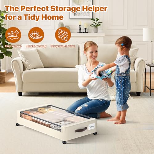Under Bed Storage with Wheels,XXL 60L Under Bed Storage Containers with Clear Lids, Rolling Under Bed Metal Drawer for Clothes, Shoes,Toys (White, 2 Pack) - Image 4