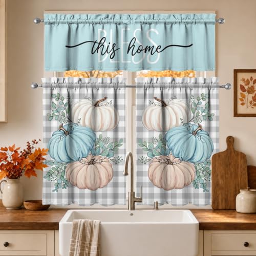 Image of Fall Pumpkin Kitchen Curtains 3 Piece Set Tier Valance | Thanksgiving Kitchen Curtain Set Includes 54x18in Valance and Two 27.5x36in Tier Curtains for Kitchen Window Decor