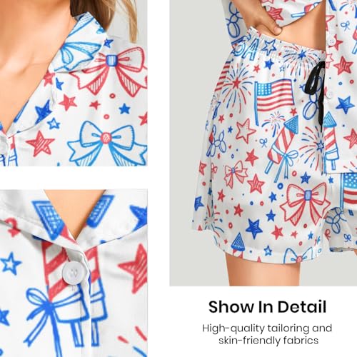 Image of Funny Pajamas for Women Set Print Satin Loungewear Pjs Short Sleeve Button Down Top and Shorts Sets Sleepwear XS-3XL