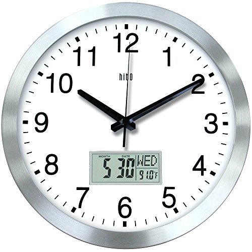 HITO 12 Inches Silent Non-Ticking Modern Wall Clock w/Aluminum Frame, Acrylic Front Cover, Date, Indoor Temperature, Week (Silver w/LCD)