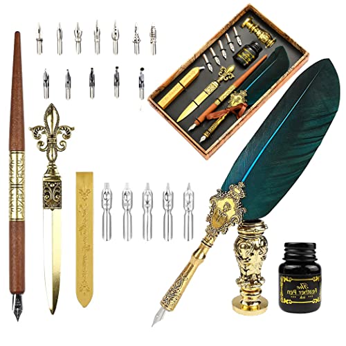 【アンティーク】筆記セット 羽根ペン アンティーク 万年筆 インクボトル セット 羽ペン