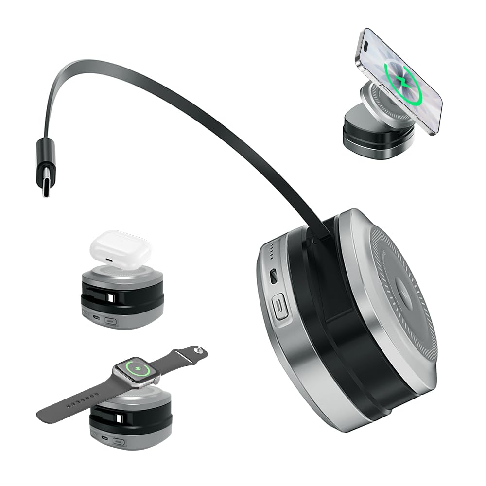 Batería Todo en Uno con Carga Magnética Inalámbrica 12000mAh | Triple Cable Extensible Integrado | Carga Rápida 45W PD para PC | Compatible con Apple Watch y Dispositivos Magnéticos（Plata）