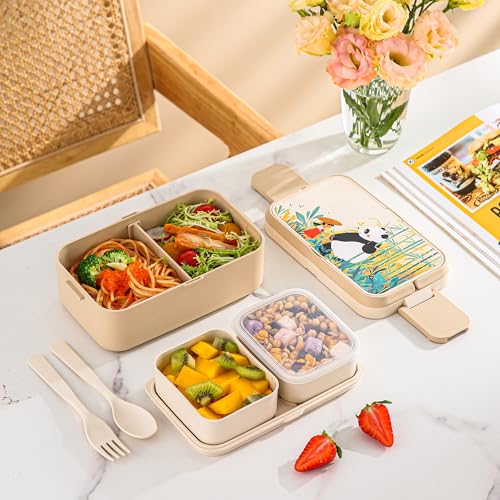 Image of Bento Lunch Box,1780ml 3-Layer Leakproof Tiffin Box with Bottle 450ml, 3 Compartments, BPA-Free Bamboo Fiber Bento Lunch Box for Kids & Adults Boys & Girls, Ideal for School, Office & Gifting