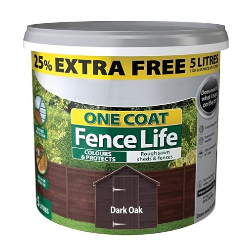 One Coat Fence Life Dark Oak 5L Weather-Resistant Fence Stain Quick-Dry Wood Protector for Sheds, Fences & Garden Timber