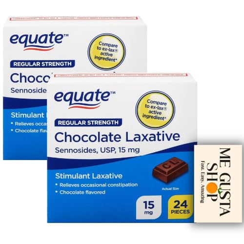 Equate Regular Strength Chocolate Laxative Sennosides Laxative Chocolate USP 15mg 24 Count Pack of 2 + me Gusta Sticker