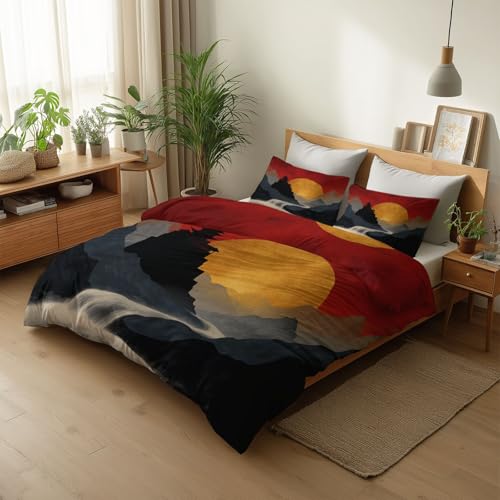 CozyRest Housse de Couette Peinture à l'encre du Coucher de Soleil au Japon 3 pièces Parure de lit 2 Personne Enfant Doux Respirable Housse de Duvet...