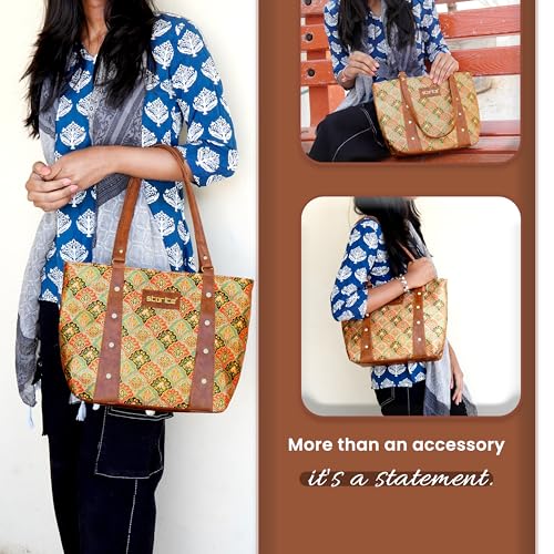 Image of Storite Women's Tote Bag with Leather Handles & Embroidery Printed Handbag with Zip Pockets, Shoulder Tote Bag and Handbag for Office and College