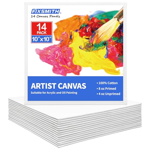 Image of FIXSMITH Canvas for Painting 14 Pack - 10 x 10 Inch Painting Canvas Panel Boards - 100% Cotton Primed Canvases - Super Value Pack Art Supplies - Artist Canvas Board for Acrylic, Oil & Tempera Painting