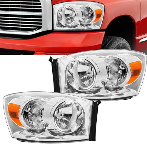 Headlights Assembly Compatible with 2006 2007 2008 Dodge Ram 1500, 06 07 08 09 Dodge Ram 2500 3500 Head Lights Headlamp Pair, Chrome Housing Amber Corner