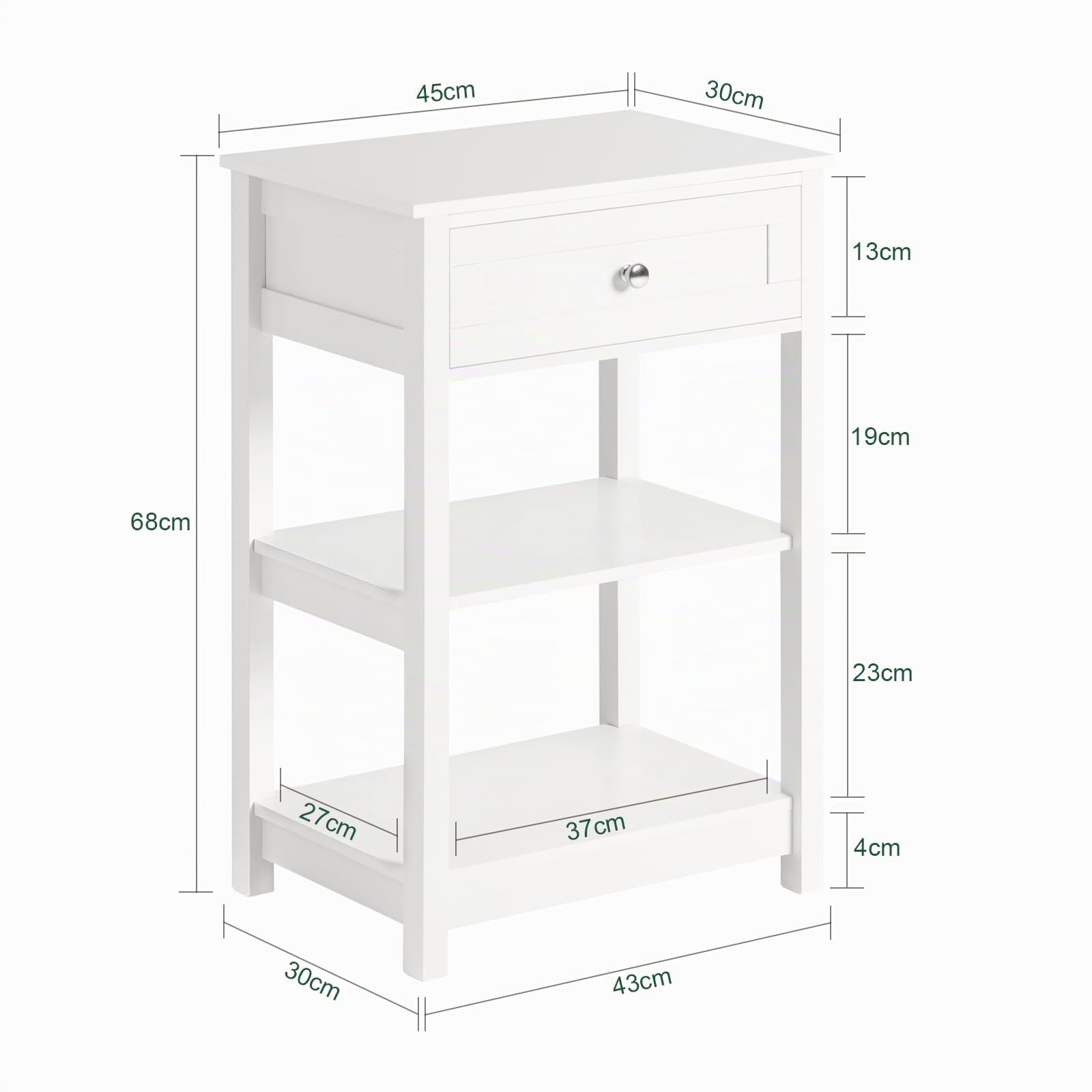 SoBuy Mesita de Noche con 1 Cajón & 2 Estantes, Mesa Auxiliar Moderna, Blanca, L45 x P30 x A68cm, FBT46-W