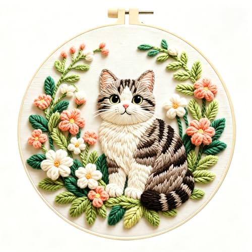Zhenqing Gray Cat Embroidery Kit for Beginners Pre-Printed 29x29cm Cotton Fabric with 20cm Hoop Cute Striped Cat in Floral Wreath Design (C0245)
