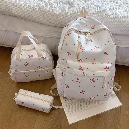 3Pcs Bow Backpack for Women, Kawaii Rucksack with Lunch Bag and Stationery Box, Large Capacity Book Bag with Bow Pattern, Personalized Stylish Daypack Bag for Travel, Commuting2