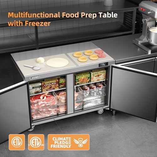 Image of Coolski Commercial Freezer, 48 inchW Double Door Under Counter Freezer with 13.4 Cu.ft., -13℉to -5℉ Stainless Steel Fan Cooling Worktop Freezer for Restaurant, Bar, Kitchen, Food Truck