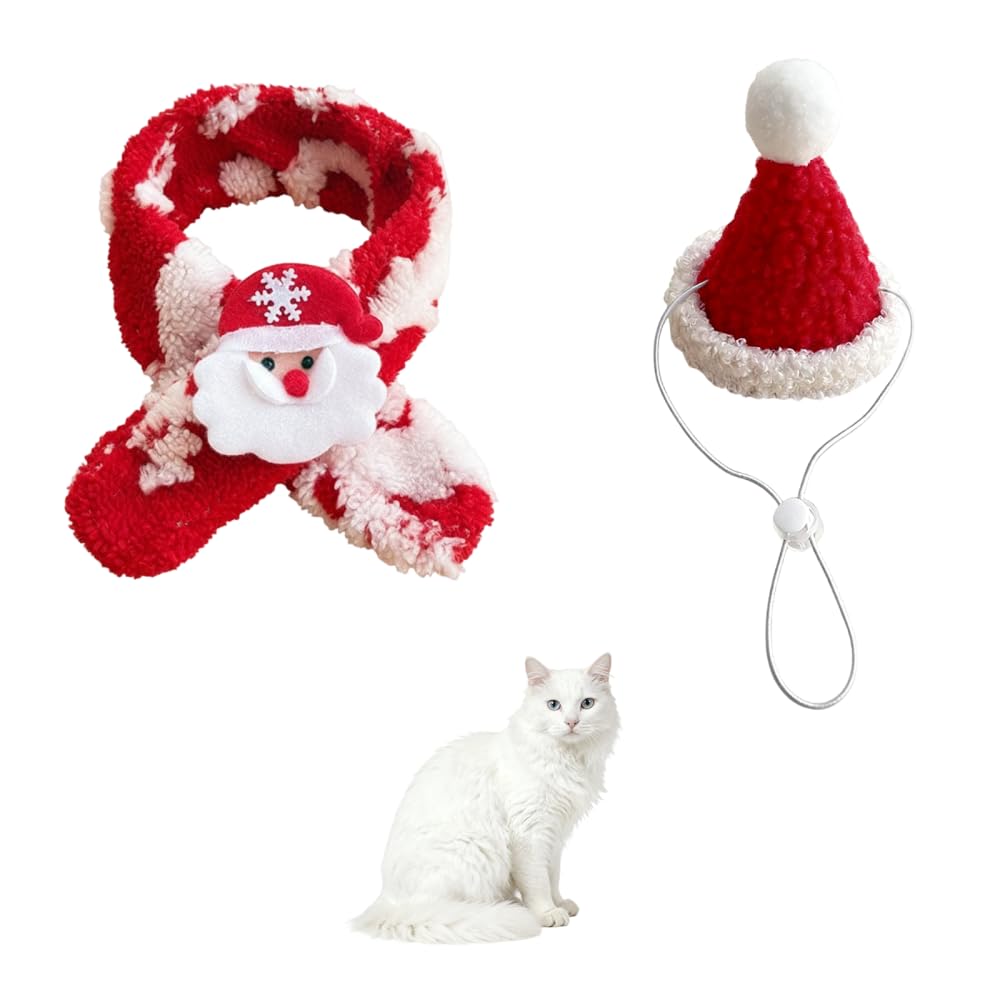 Cat Christmas Hat, 2PCS Adjustable Warm Santa Hat with Scarf for Dogs Cats, Festive Holiday Outfit Christmas Photo Props for Puppy Kitten