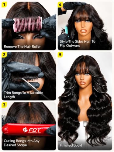 Image of Sunber 13x4 Glueless Human Hair Wig Body Wave with Curtain Bangs 18 Inch