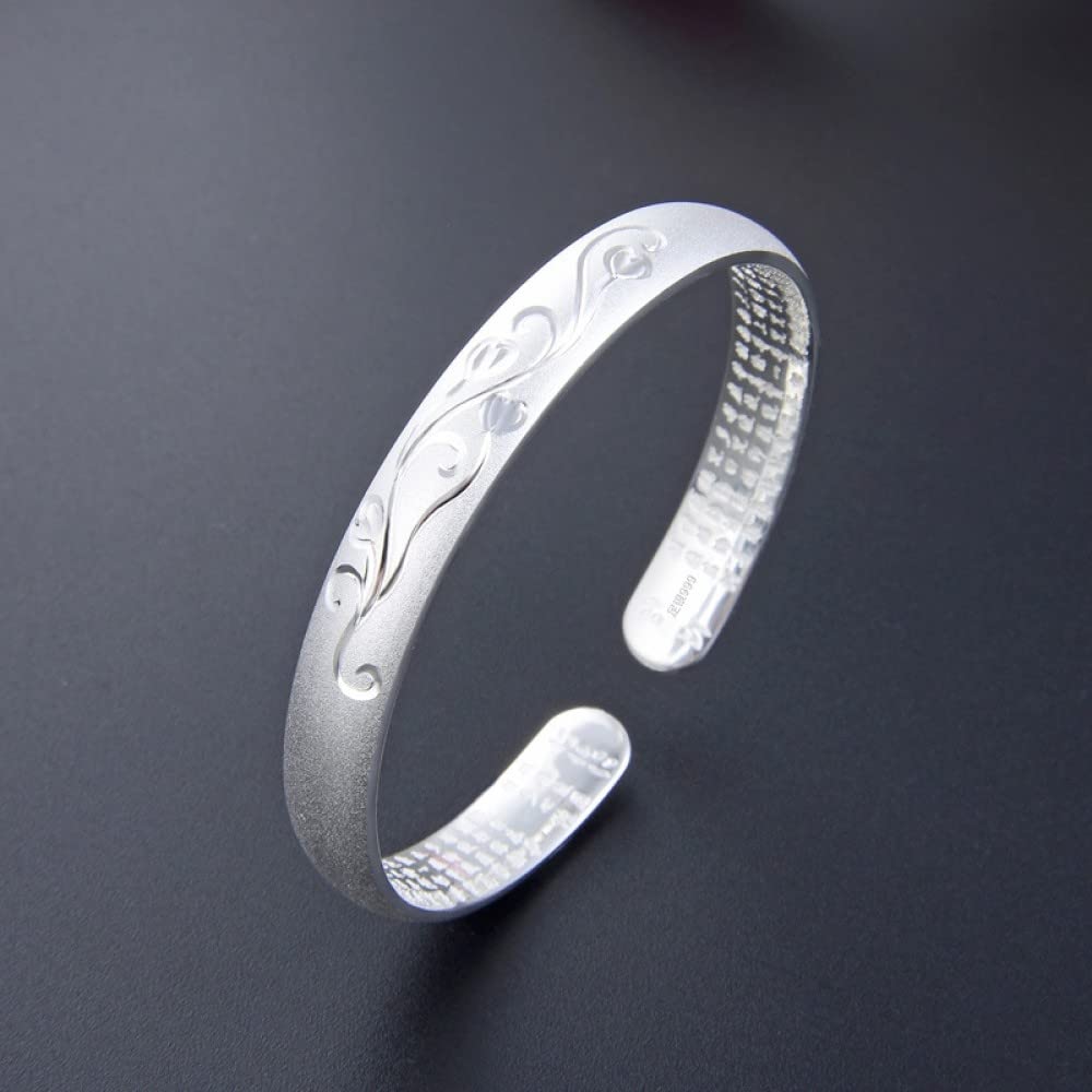 Armband Damen Silber,S999 Silberarmband Frosted Carved Heart Sutra Open Cuff Armreif Freundschaftsarmbänder Sterling Silber Schmuck Für Frauen Geschenk Freundin Frau