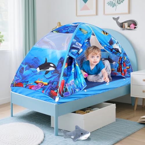 Image of Kid Bed Tent -Twin Play Tent Dream Playhouse for Bedroom Decor Indoor Games Twin Size Bed Canopy by CRAWLBO