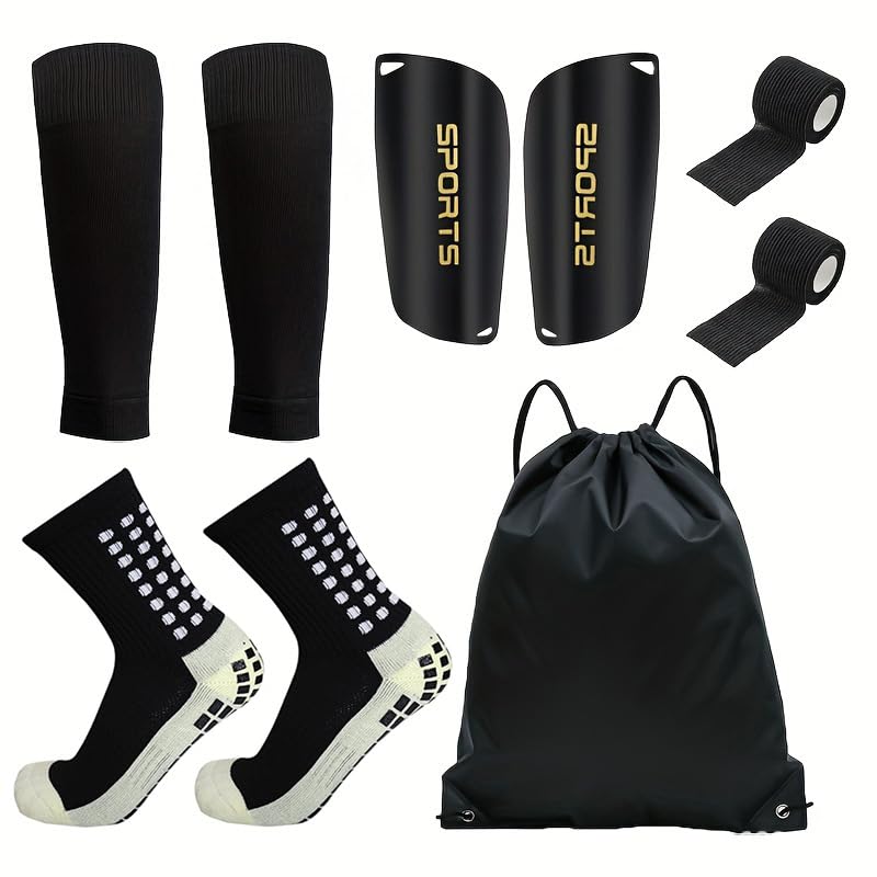 ForgeAgo 7-Piece Football Gear Set - Includes Socks, Leg Covers, Shin Guards, Bandages, and Backpack for Soccer Training and Matches(Black5-pieceset)