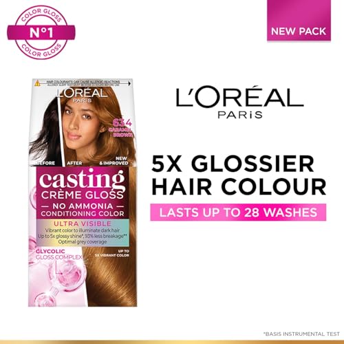 Image of L'Oreal Paris Casting Creme Gloss Hair Color With Glycolic Gloss Complex | 5X Glossier Hair Color | Ultra Visible Shade 634 - Caramel Brown | 60g + 40ml + 60g