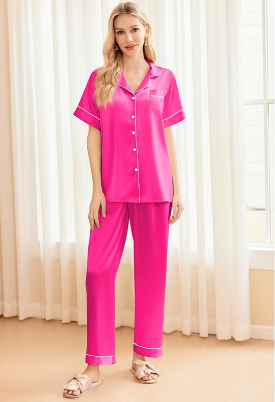 Image of Ekouaer Silk Pajamas for Women Set Satin Soft Short Sleeve Button Down Pjs | 3 Piece Loungewear,Comfy Sleepwear,Silky Smooth Fabric,Gift for wedding,Bridal Party,Coffee Time,Vacation