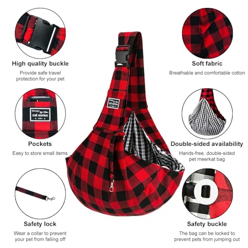 Lvjkes Tragetasche Hund,Faltbar Hunde Tragetasche,Einstellbar Hohe Kapazität Hundetragetasche,One-Shoulder,Cross-Body,Tragbar für den Außenbereich für kleine Katzen und Hunde (Rot-schwarz kariert)