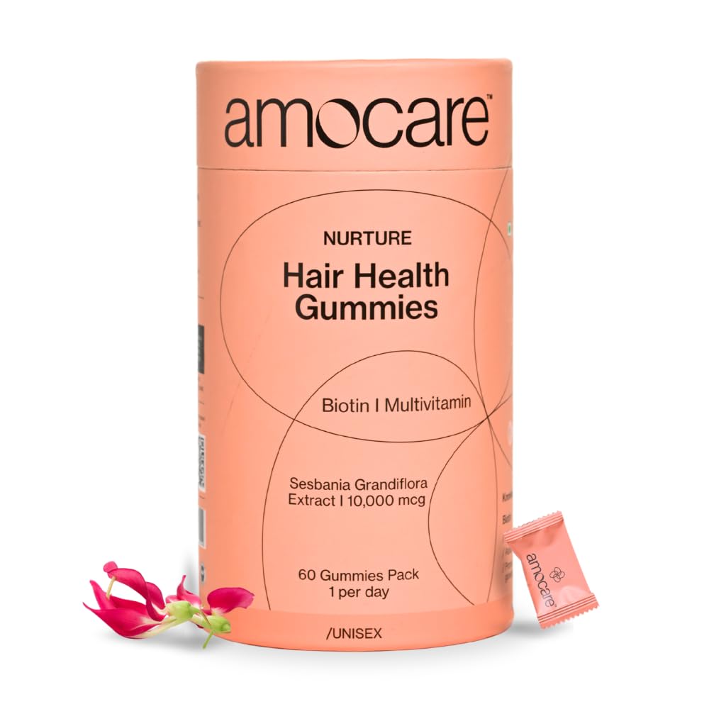 Amocare Biotin Hair Gummies (60 Gummies) | For Healthy Hair, Nails and Skin | With Biotin, Zinc, Vitamin B12, E, D2 and Calcium | Strawberry Flavour | Vegan and Gluten Free