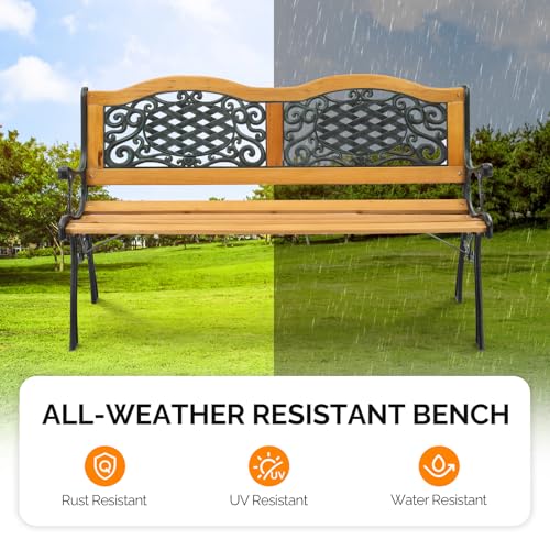 Image of VINGLI Classic Cast Iron & Teak Arched Back Rectangular Outdoor Bench, 3-Seater, 470 lbs Capacity, Easy Assembly, Weather Resistant, 49.5 inch W x 20.5 inch D x 29 inch H