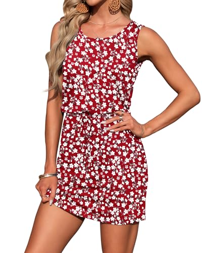 Image of AUSELILY Womens Summer Dress Casual Sleeveless Drawstring Short Dresses | Adjustable drawstring waist for a custom fit, plus 2 side pockets-perfect beach-to-street sundress