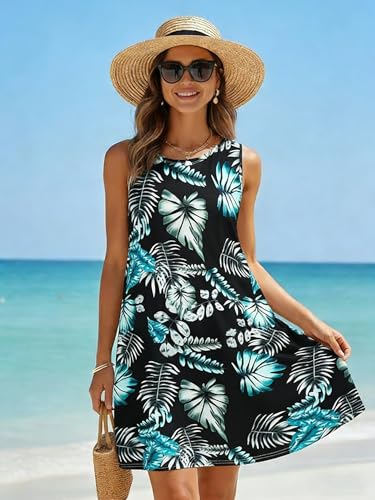 Image of elescat Women's Summer Dresses 2026 Beach Casual Sleeveless Floral Print Tank Loose Sundress with Pocket