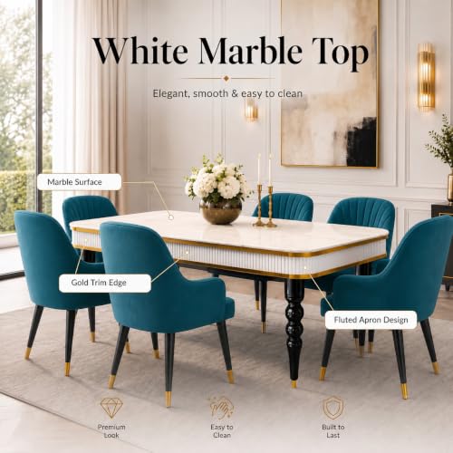 Image of 6-Seater Dining Table Set with Nano Composite Marble Top | Golden PVC Wooden Base | Includes 6 Fabric Upholstered Chairs | 2 Year Warranty | Dining Room Furniture Set for Home (Sea Blue)