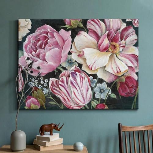 Tableau fleurs roses et blanches sur toile premium avec cadre 50x70
