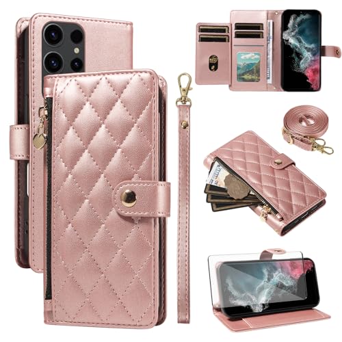 Étui pour Samsung S22 Ultra avec protège-écran en verre et porte-cartes Asuwish or rose