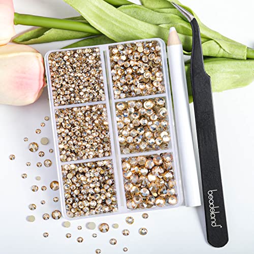 Beadsland 4300pcs Flatback Nail Rhinestones,Gold Rhinestones Round Crystal Gems for Crafts,Mixed 6 Sizes with Picking Tweezers and Wax Pencil Kit - Image 2