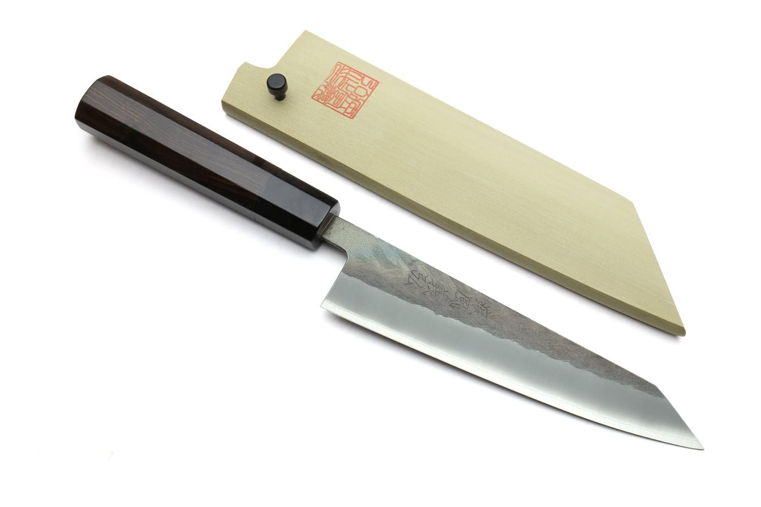 Yoshihiro Kurouchi Black-Forged High Carbon Blue Steel Stainless Clad Petty-Kiritsuke Utility Knife Ebony Handle (6" (150mm) & Saya)