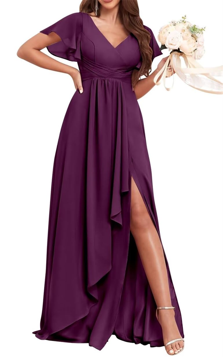 Wseyu Women's Plum Short Sleeves Bridesmaid Dresses Square Neck Chiffon Evening Formal Party Gown With Split High-Low Zm067 Uk16