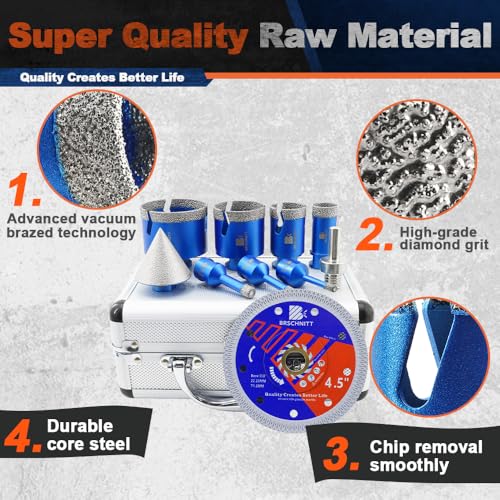 Image of Diamond Core Drill Bit Set - BRSCHNITT Tile Hole Saw Kit 1 /4 inch 5 /16 inch 3 /8 inch 1 inch 1-3 /8 inch2 inch 2-1 /2 inch & 2 inch Chamfer Bit for Porcelain Tile Ceramic Marble Granite Diamond Blade