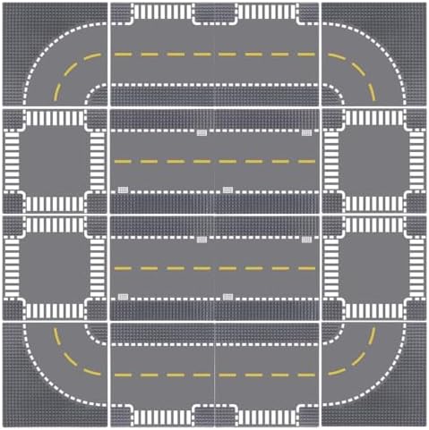 Lekebaby 16 Platten-Set Stadt Gerade Strassen Grundplatte, 25.5 * 25.5cm Städte Straßenplatten 100% Kompatibel mit Meisten Marken, 4 Kurve/ 4 T-Kreuzung/ 4 Gerade/4 T-Kreuzung