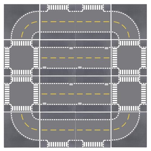 Lekebaby 16 Platten-Set Stadt Gerade Strassen Grundplatte, 25.5 * 25.5cm Städte Straßenplatten 100% Kompatibel mit Meisten Marken, 4 Kurve/ 4 T-Kreuzung/ 4 Gerade/4 T-Kreuzung