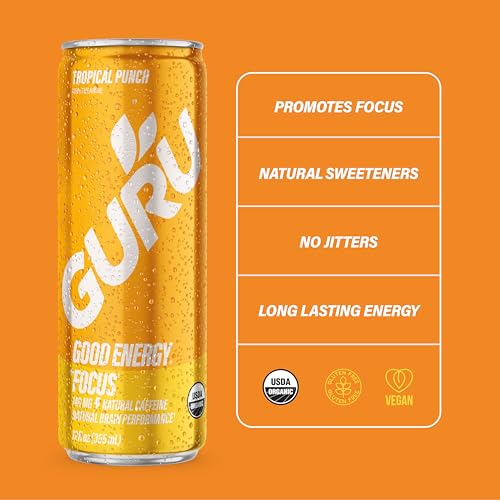 Image of GURU Energy Drink, Tropical Punch Organic Sparkling Energy Drink with Real Fruit Juice + L Theanine, 140 MG Natural Caffeine for Workouts, Performance & Midday Boost, Plant Based, Gluten Free, 12 Fl Oz, 12 Pack