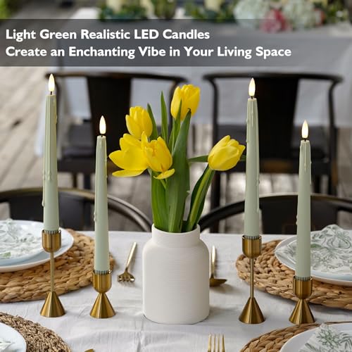 Image of Rhytsing 9.6 inches Sage Green Flameless Taper Candle with Remote, Battery Operated LED Dinner Candles with Timer for Spring and Summer, Wax Dripping Design, 8 Batteries Included - Set of 4