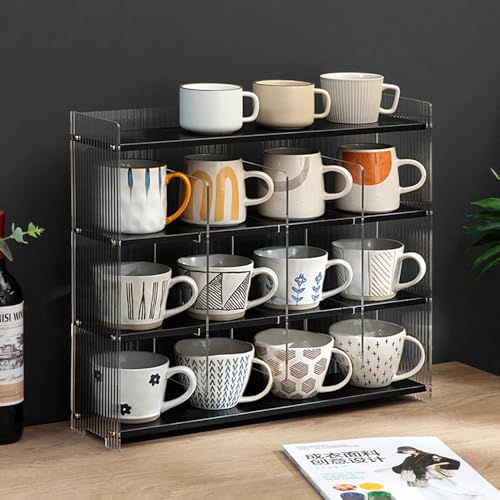 4-Tier Acrylic Mug Holder Display Cabinet - Organise Your Coffee Mugs with Removable Shelves and Extra-Large Capacity for Kitchen & Coffee Bars
