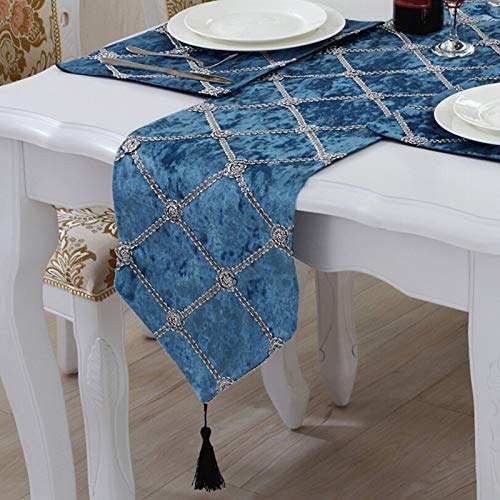 Chemin de table automne bleu lin coton déco table moderne 28x210cm