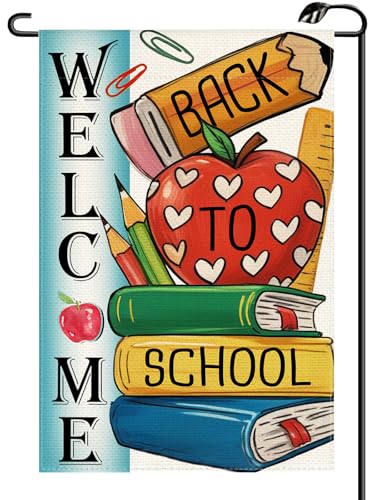 Welcome Back to School Garden Flag 12x18 Inch Double Sided Seasonal Fall Teacher Apple Pencil Book School First Day Small Flags Classroom Outside Decoration For Yard (ONLY FLAG) BTS03