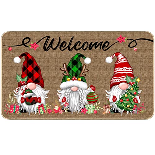 Image of TREWAVE Christmas Welcome Decorative Doormat, Christmas Gnome Buffalo Plaid Door Mat, Non Slip Entrance Floor Rug, 29 x 17 Inch