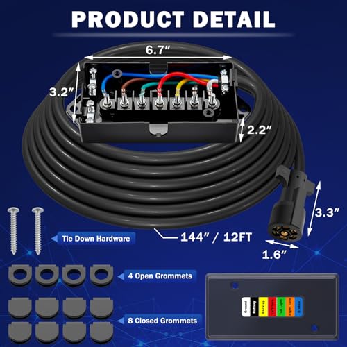 Image of CheeMuii 12 FT 7 Way Trailer Wiring Harness Kit with 12V Breakaway Switch Heavy Duty 7 Way Trailer Cord with 7 Pin Trailer Plug and 7 Gang Trailer Junction Box