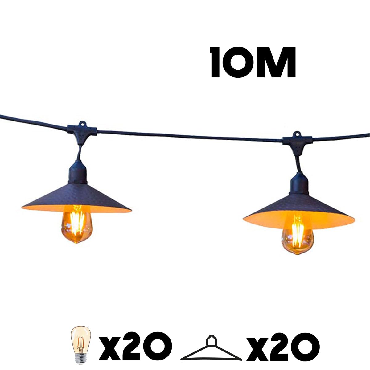 Lichterkette für den Außenbereich, anschließbar, 10 m, mit 20 LED-Filament-E27-Leuchtmitteln, warmweiß, VINTY LIGHT und Lampenschirm aus Metall, Vintage-Stil