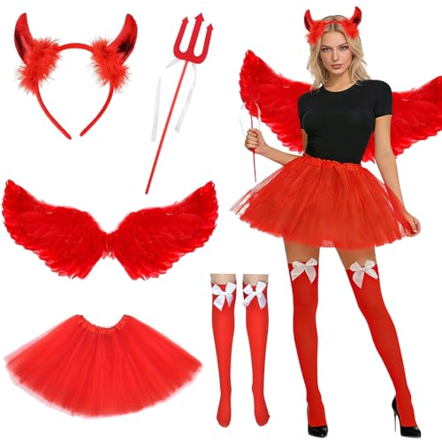 DAZZTIME Asas de anjo fantasia, 5 peças asas de , asas de anjo vermelhas, disfarce anjo vermelho, penas anjo asas, disfarce mulher, para carnaval, Mardi Gras, festa temática