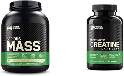 Optimum Nutrition Serious Mass, polvo de proteína para ganar peso y cápsulas de monohidrato de creatina micronizada, aptas para dieta cetogénica,