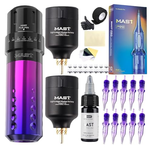 Mast Flip Complete Tattoo Kit -Wireless Cartridges Tattoo Machine with 7 Adjustable Strokes 2.6-4.0mm 2 Batteries Power Supply 20 Pro Needles Ideal for Lining Shading Coloring Professional Starter Set