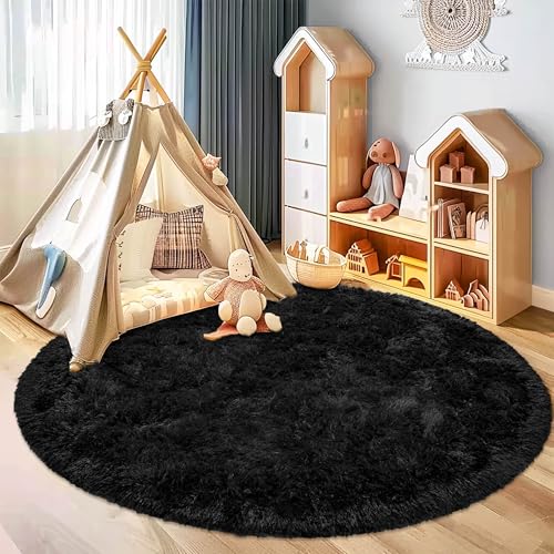 Round Fluffy Rug 8FT Black - Super Soft Circle Rug for Kids & Nursery - Shaggy Fuzzy Plush Carpet for Boys & Girls Room
